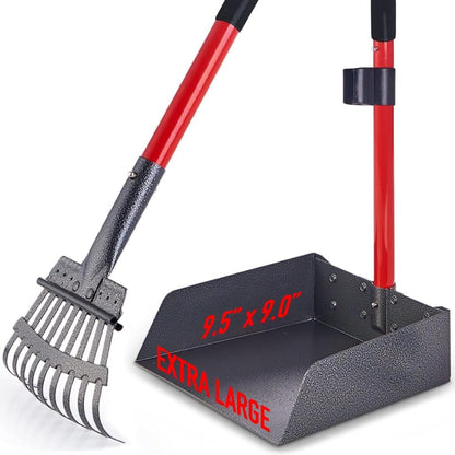 Metal Pooper Scooper for Dogs with Heavy Duty Long Handle Rake & XL Tray | Rustproof Aluminum Poop Scooper for Large Dogs with 9”W 9.5”L Extra Large Tray for Yard, Grass, Dirt & Gravel - color: 2 Piece Set - X Large