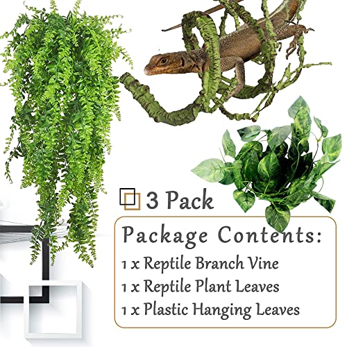 Hamiledyi Fake Reptile Plants for Terrarium Bendable Snake Climbing Vine | Artificial Leaves with Suction Cup, Hanging Reptile & Amphibian Habitat Decor for Bearded Dragon Gecko Tree Frog Chameleon - size: 3 PCS - Style 1
