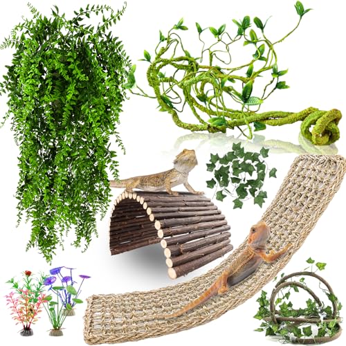 RUNANIA Bearded Dragon Tank Accessories, 10 PCS Reptile Hammock Plants Bridge Jungle Climber Vines for Snakes Bearded Dragon Chameleon Gecko Lizard - size: Medium