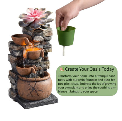 Indoor Fountain 4-Bowl Rockery Soothing Sound Tabletop Fountains Home/Office Decor with a Small Plastic Pot to Grow The Plant by Yourself(Automatic Watering)(23001)