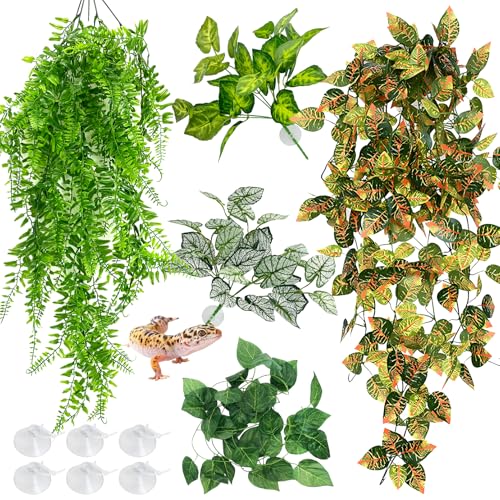 Hamiledyi Reptile Plants for Terrarium Hanging Fake Leaves with Suction Cup | 5 Pack Artificial Snake Foliage, Bearded Dragon Tank Greenery Reptile & Amphibian Habitat Plant for Chameleon Gecko (Style 3) - size: 5 PCS - Style 3