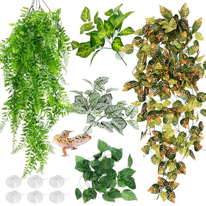 Hamiledyi Reptile Plants for Terrarium Hanging Fake Leaves with Suction Cup | 5 Pack Artificial Snake Foliage, Bearded Dragon Tank Greenery Reptile & Amphibian Habitat Plant for Chameleon Gecko (Style 3) - size: 5 PCS - Style 3