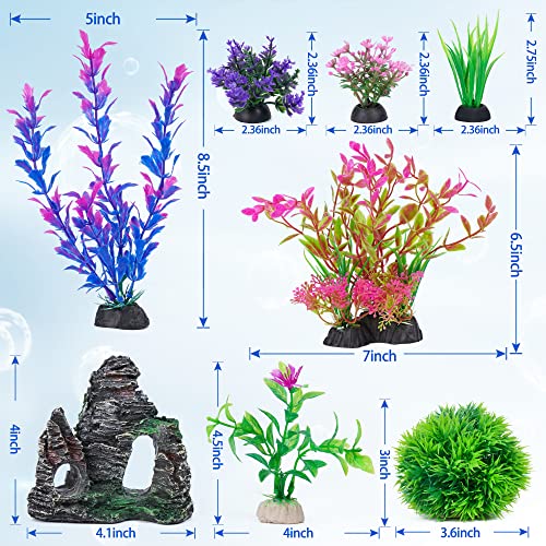 Ameliade Aquarium Artificial Plants & Rock Cave Betta Fish Tank Decor Set | Betta Goldfish Aquarium Accessories, Soft Plastic Plants & Rock Cave Decorations, Small and Large Fish Bowl Ornaments