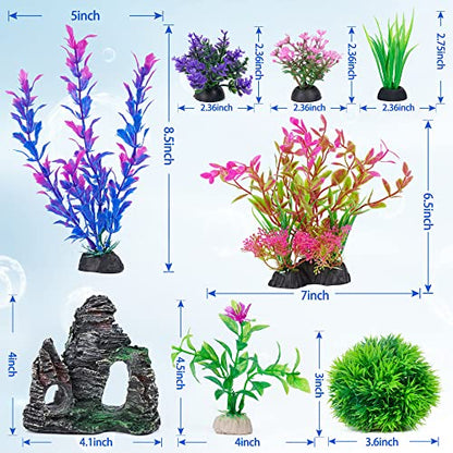 Ameliade Aquarium Artificial Plants & Rock Cave Betta Fish Tank Decor Set | Betta Goldfish Aquarium Accessories, Soft Plastic Plants & Rock Cave Decorations, Small and Large Fish Bowl Ornaments