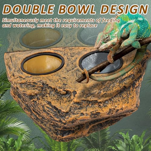 Reptile Magnetic Feeder Ledge, Plastic Reptile Food Water Dish with Bowl Feeding Cups, Double Bowl Gecko Feeder Ledge, Easy Install Reptile Feeding Bowl Lizard Feeding Ledge for Lizard Crested Gecko
