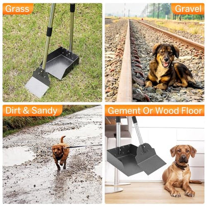 Dog Pooper Scooper, Metal Tray & Spade with 38.2" Long Handle | Medium Dog Poop Scooper: 6.5x6.7x2.5in Tray, 5.1x3.3in Spade, No-bend Pickup, Easy Rinse, Tool-free Setup - size: Medium