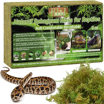 Halatool 9 OZ Sphagnum Moss for Reptiles - Green Terrarium Moss | Expands to 14 QT, Reptile Bedding for Snakes, Tortoises, Geckos & Lizards, Humidity Retention & Temperature Buffering - size: 9OZ