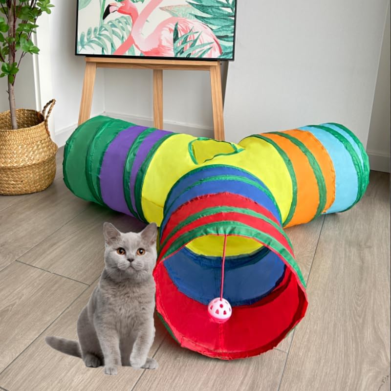 3-Way Collapsible Cat Tunnel Tube Toy Rainbow Y — Interactive Play Tunnel with Hanging Ball & Peek Hole for Indoor Cats, Kittens, Puppies & Rabbits | Hours of Fun & Exercise - color: Rainbow Y
