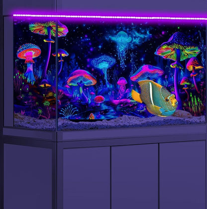 30X12IN Blacklight Mushroom Jellyfish Aquarium Background UV Reactive Background Starry Sky Terrarium Background with 10 EVA Double-Sided Tape - size: 30X12in/75X30cm
