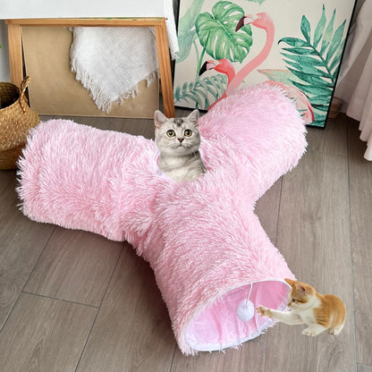 3-Way Collapsible Cat Tunnel Tube Toy Pink Plush | Interactive Play Tunnel with Hanging Ball & Peek Hole for Indoor Cats, Kittens, Puppies & Rabbits | Hours of Fun & Exercise - color: Pink Plush