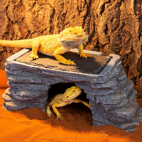REPTI ZOO Large Bearded Dragon Basking Platform, 12.5x7x5 inch Gecko Hide Cave with Heat Storage Slate Stone, Reptile Basking Rock Climing Hideout for Leopard Crested Gecko Lizard Turtle
