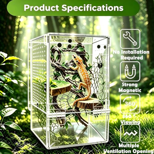 Jumping Spider Enclosure, Acrylic Arboreal Terrarium with Accessories, Magnetic Escape Proof Habitat for Praying Mantis, Tarantula, Gecko, Frog, Snail, Bug & Small Insects