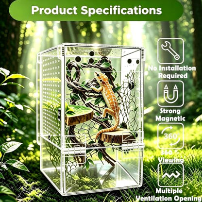 Jumping Spider Enclosure, Acrylic Arboreal Terrarium with Accessories, Magnetic Escape Proof Habitat for Praying Mantis, Tarantula, Gecko, Frog, Snail, Bug & Small Insects