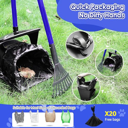 Lukovee Dog Pooper Scooper, 37.4" Long Metal Handle, No Bending Swivel Bin | Portable, Adjustable, Rake Spade Kit, Non-Stick Stainless Steel, 3L Odor-Seal Bin, Works on Grass Gravel Concrete, 20 Bags