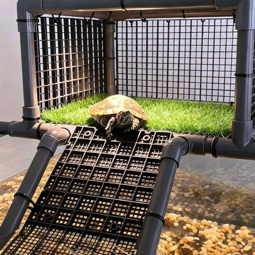 Elevated Turtle Basking Platform Above Tank, Turtle Topper Dock with Non-Slip Ramp and Grass, Extra Large Loft for 18-20” Wide 75/90/125 Gal (Grey/Black) - size: Extra Large (fits 18‑20 inch wide turtle tanks)