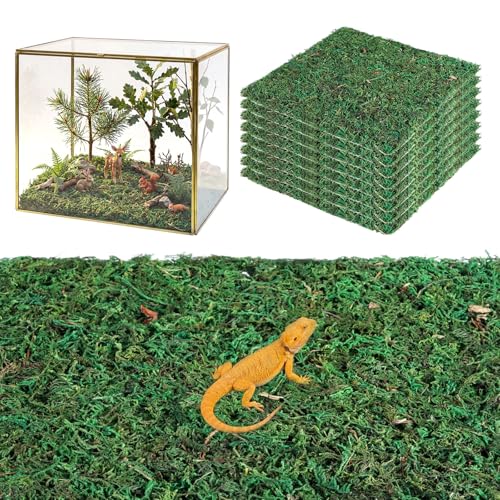8 Pcs Reptile Carpet 12'' x 12'' Natural Moss Terrarium Bedding Reptile Liner Green Substrate Flooring Cuttable Terrarium Mat Tank Accessories for Bearded Dragon Leopard Snake Tortoise
