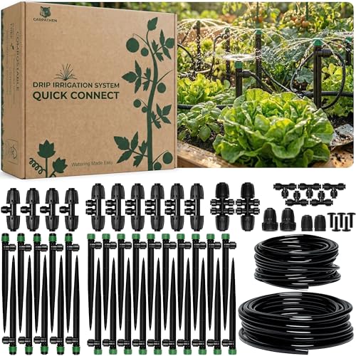 Quick Connect Drip Irrigation System Kit with Sprinkler, 100 feet | For Garden, Yard, Raised Beds, Plants, Lawn, with 5/16" Mainline + 1/4" Tubing + 30 Emitters - size: Quick-Connect 100 feet