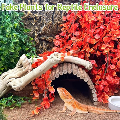 Hamiledyi Reptile Plants for Terrarium Hanging Fake Leaves with Suction Cup | 5 Pack Artificial Snake Foliage, Bearded Dragon Tank Greenery Reptile & Amphibian Habitat Plant for Chameleon Gecko (Orange) - size: 5 PCS - Style 5