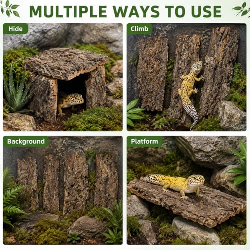 Ciieeo 4 Pcs Cork Bark for Reptiles, Natural Reptile Bark Hideout and Terrarium Wood Climbing Decor, Cork Bark Flats for Reptile Enclosure Background, Jumping Spider and Bearded Dragon Tank Decor