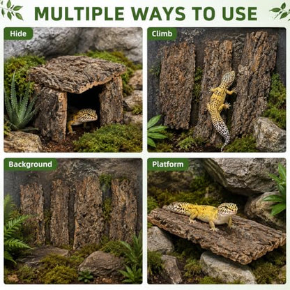 Ciieeo 4 Pcs Cork Bark for Reptiles, Natural Reptile Bark Hideout and Terrarium Wood Climbing Decor, Cork Bark Flats for Reptile Enclosure Background, Jumping Spider and Bearded Dragon Tank Decor