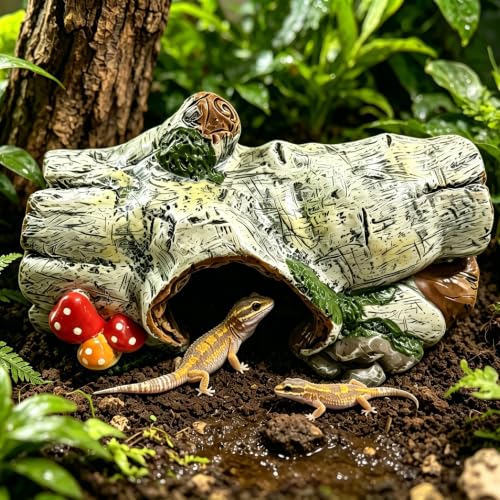 Reptile Hide Cave, Resin Hollow Tree Trunk Hideout, Terrarium Habitat Shelter Tank Accessories Decor for Snake, Leopard Gecko, Bearded Dragon, Tarantula, Aquarium Fish Tank Ornament
