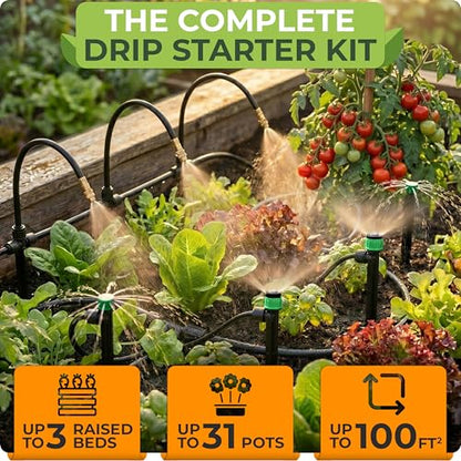 Drip Irrigation System Kit with Atomizing Copper Nozzles 100 feet | For Raised Beds or Greenhouse with 15 pcs 360° Atomizing Nozzles + 16 pcs Adjustable Drip Emitters + 5/16" and 1/4" Tubing - size: 15 Atomizing Nozzles + 16 Sprinklers + 100 feet