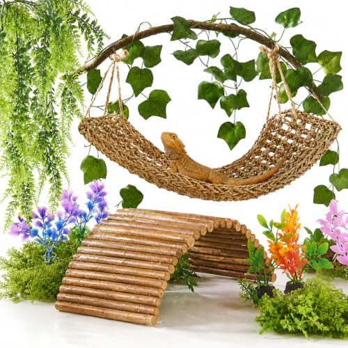 Bearded Dragon Tank Accessories, Reptile Mat Hammock Plants Bridge Jungle Climber Vines Terrarium Decorations for Leopard Gecko, Hermit Crab Lizard Snake (9 PCS Without Reptile Mat) - color: 9 Pcs Without Reptile Mat