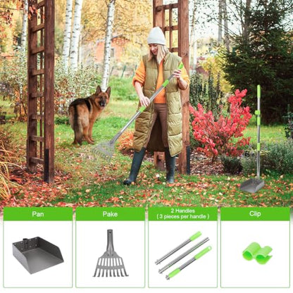 Non-Breakable Pooper Scooper, Dog Pooper Scooper Tray & Rake Set with Adjustable Stainless Steel Long Handle for Large Medium Small Dogs (Green) - color: Green
