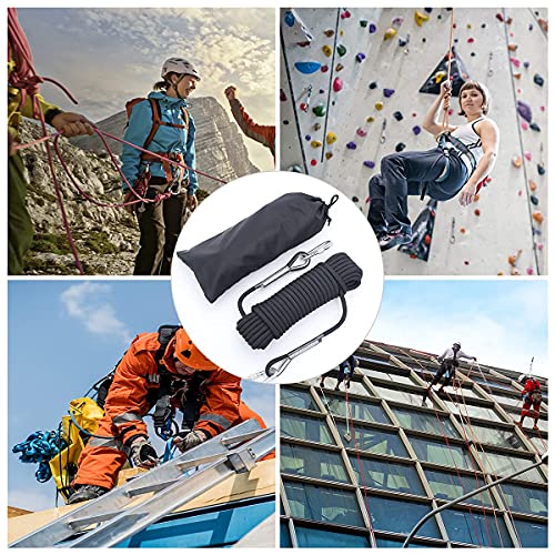 10mm/12mm (32FT/64FT) Climbing Rope, Outdoor Static Rock Climbing Rope, Tree Climbing Rappelling Rope, Escape Nylon Rope, Ice Climbing Equipment Fire Rescue Parachute Rope with 2 Steel Hooks - color: Black, size: 10mm/32ft