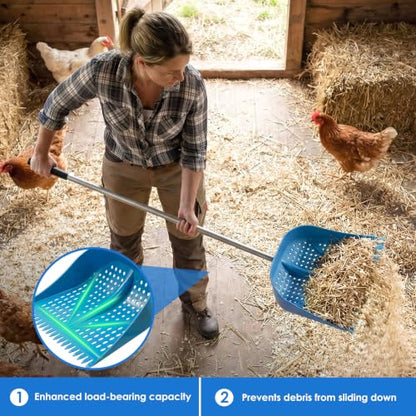 Thiswing Chicken Poop Scooper & Rake 2-in-1, Blue | Adjustable Handle Length, Features Manure Sifting Capability, Ideal for Chicken Coops and Farm Animal Cleaning - color: Blue