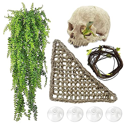 Bearded Dragon Skull Hide Decor,Reptile Natural Seagrass Hammock Lizard Lounger Reptiles Tank Accessories Jungle Climber Bendable Vine Habitat Decorations for Chameleon Spider Snakes(4Pcs)