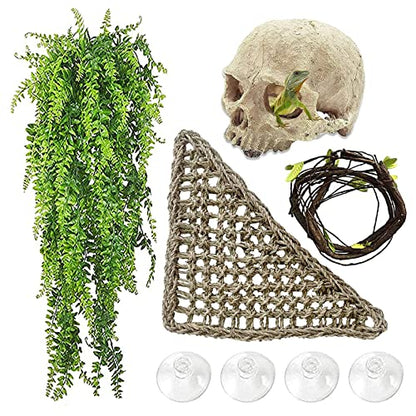 Bearded Dragon Skull Hide Decor,Reptile Natural Seagrass Hammock Lizard Lounger Reptiles Tank Accessories Jungle Climber Bendable Vine Habitat Decorations for Chameleon Spider Snakes(4Pcs)