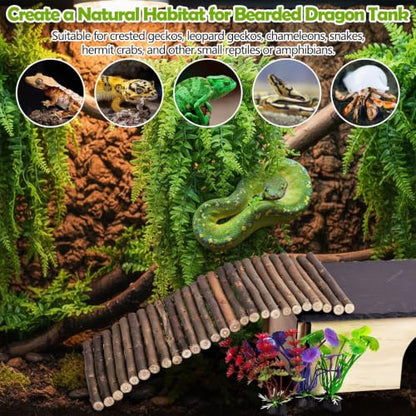 PINVNBY 9PCS Wooden Bridge Hideout and Reptile Plants Vines Climbing Terrarium Habitat Decor Hut Bearded Dragon Tank Accessories for Lizard Crested Gecko Tortoise Snake Hermit Crab