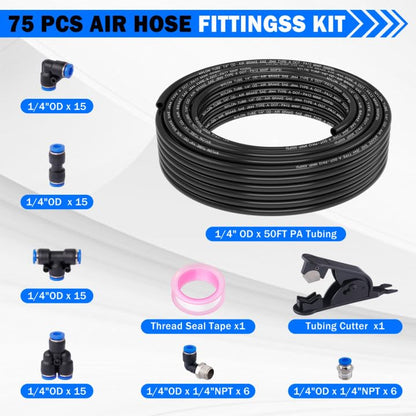 1/4" Air Line Tubing Kit, 50 FT(15M) DOT Air Line PA Nylon Tubing with Push to Connect Fittings, 1/4 Inch OD Quick Connect Air Hose Kit for Compressor Accessories System (75 Pcs) - size: 75PCS & 50FT 1/4" Air Line