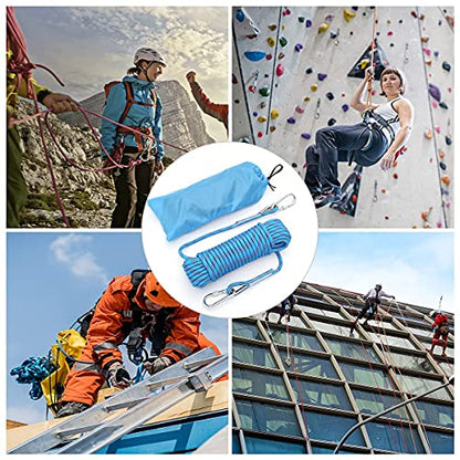 10mm/12mm (32FT/64FT) Climbing Rope, Outdoor Static Rock Climbing Rope, Tree Climbing Rappelling Rope, Escape Nylon Rope, Ice Climbing Equipment Fire Rescue Parachute Rope with 2 Steel Hooks - color: Blue, size: 10mm/64ft