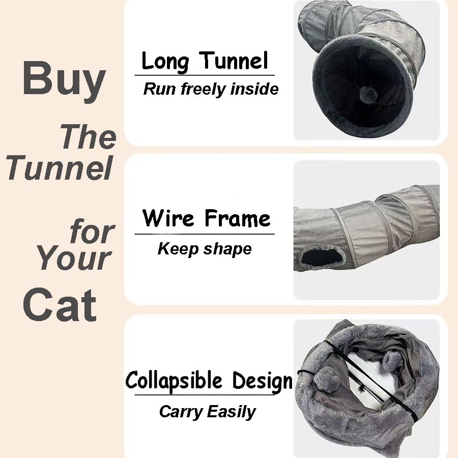 2-Way Collapsible Cat Tunnel Tube Toy Pack Set | Interactive Play Tunnel with Ball and Wand Toy for Indoor Cats, Kittens, Puppies & Rabbits - color: Grey fleece
