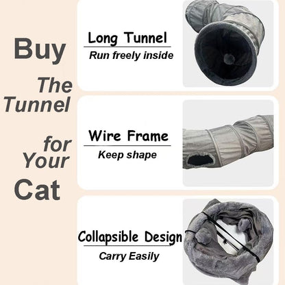2-Way Collapsible Cat Tunnel Tube Toy Pack Set | Interactive Play Tunnel with Ball and Wand Toy for Indoor Cats, Kittens, Puppies & Rabbits - color: Grey fleece
