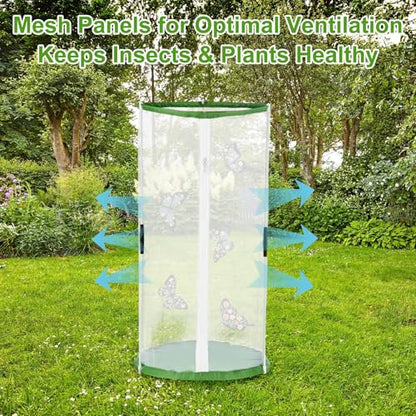 M METERXITY Butterfly Habitat Cage Terrarium, Outdoor Collapsible Mesh Pop-up with Zipper Protection for Breeding Butterfly/Ladybug, Mesh Plant Enclosure [White with Green, 12 x 12 x 24 Inch] - size: 12 x 12 x 24 Inch