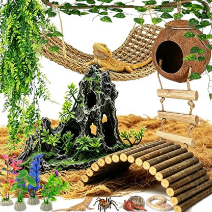 Reptile Tank Accessories Kit Bearded Dragon Tank Decor Leopard Gecko Habitat Accessories Reptile Hammock Coconut Hut Terrarium Decor