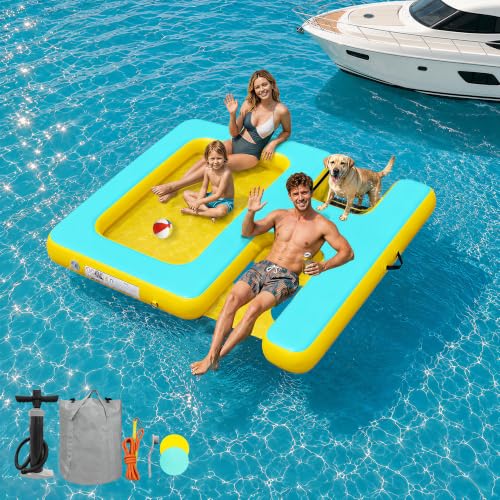 Inflatable Floating Dock with Water Ramp, Ladder, Hammock & Seat | 7ft/8ft/10ft Heavy Duty Platform Drop-Stitch PVC Mesh Fits Adults Family Couples Friends for Lake, River, Ocean Parties - color: Mint Green+Yellow, size: 7ft×6ft