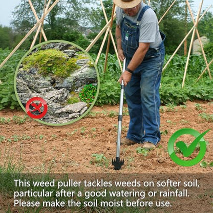Weed Remover Tool with Long Handle(58IN), 2-in-1 Hand Weed Puller with Rake & Garden Hoe Combo for Gardening, Manual Weeding Tools for Gardens, Yards, Patios, Lawns, and Paved Areas