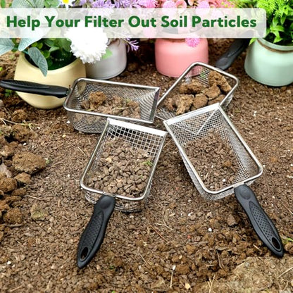 4-Pack Stainless Steel Soil Sifter Set with Handle, Multi-Mesh Garden Sifter for Compost, Sand, Rocks - Gardening Tool & Reptile Sand Scoop for Litter Cleaning, Beach Shell Sifting