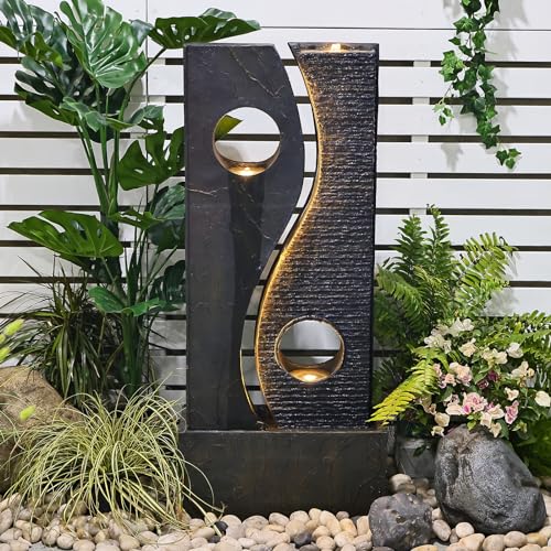 Tankana Water Fountain Outdoor Indoor - Garden Waterfall Modern Large Freestanding Water Feature Fountains Faux Rust Finish with LED Lights for Patio Yard Pool Home Decor, 47 inches