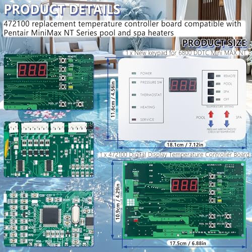 Upgraded 472100 Digital Display Temperature Controller Circuit Board | Fit for Pentair MiniMax NT LN STD TSI 200,250,300,400 Series Pool & Spa Heater, Includes New Keypad for 6800 DDTC Mini MAX NT