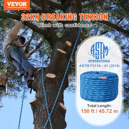 VEVOR 12.7mm Static Climbing Rope, 45.7M(150ft) Outdoor Rock Climbing Rope 30KN Breaking Tension, Fiber Rope for Escape, Rappelling, Fire Rescue, Blue - size: 150ft