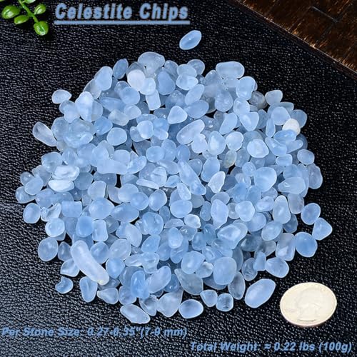 Erliway 7-9mm Celestite Healing Crystal Chips for Crafts, 100g | Natural Crushed Crystal Stones Tumbled Chips for Vase Filler Aquarium Gravel, Meditation Chakra Balancing, Candle DIY Making - color: Celestite