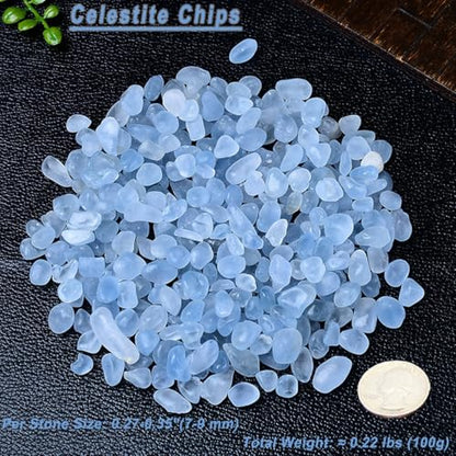 Erliway 7-9mm Celestite Healing Crystal Chips for Crafts, 100g | Natural Crushed Crystal Stones Tumbled Chips for Vase Filler Aquarium Gravel, Meditation Chakra Balancing, Candle DIY Making - color: Celestite