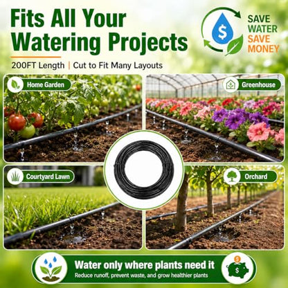 1/4 Drip Irrigation Tubing 200FT, Built-in 0.5 GPH Emitters, 6 Inch Spacing | Slow root-zone watering helps reduce runoff and waste; fittings and end plugs support larger beds, long rows and greenhouses. - size: 200FT