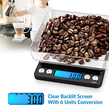 AMIR Digital Kitchen Scale, 3000g 0.01oz/0.1g Pocket Cooking Scale, Mini Food Scale, Pro Electronic Jewelry Scale with Back-Lit LCD Display, Tare & PCS Functions, Stainless Steel, Black - color: Black