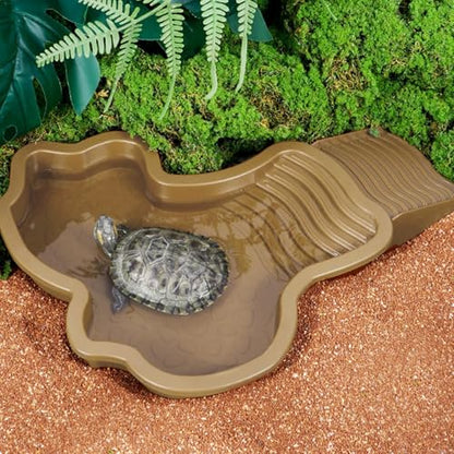 Turtle Water Pool Aquarium Ornament | Turtle Soaking Tub with Ladder Turtle Pool Scenery for Gecko, Turtle, Bearded Dragon, Aquatic Climbing Pet, Amphibians - color: Brown